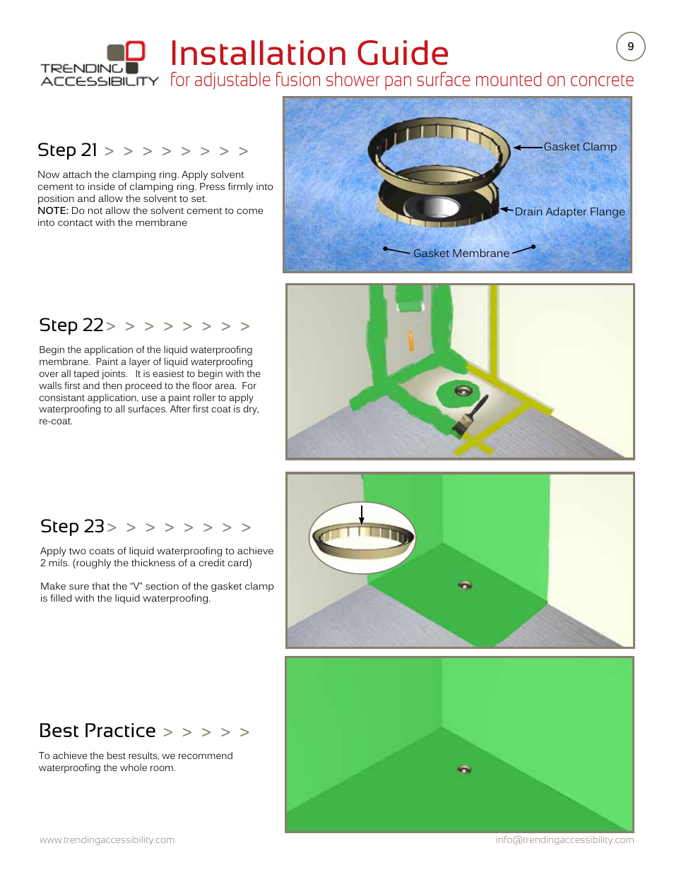 Installation guide, Best practice, Step 22 | Step 21, Step 23 | Trending Accessibility Adjustable fusion shower pan surface mounted on concrete User Manual | Page 9 / 12