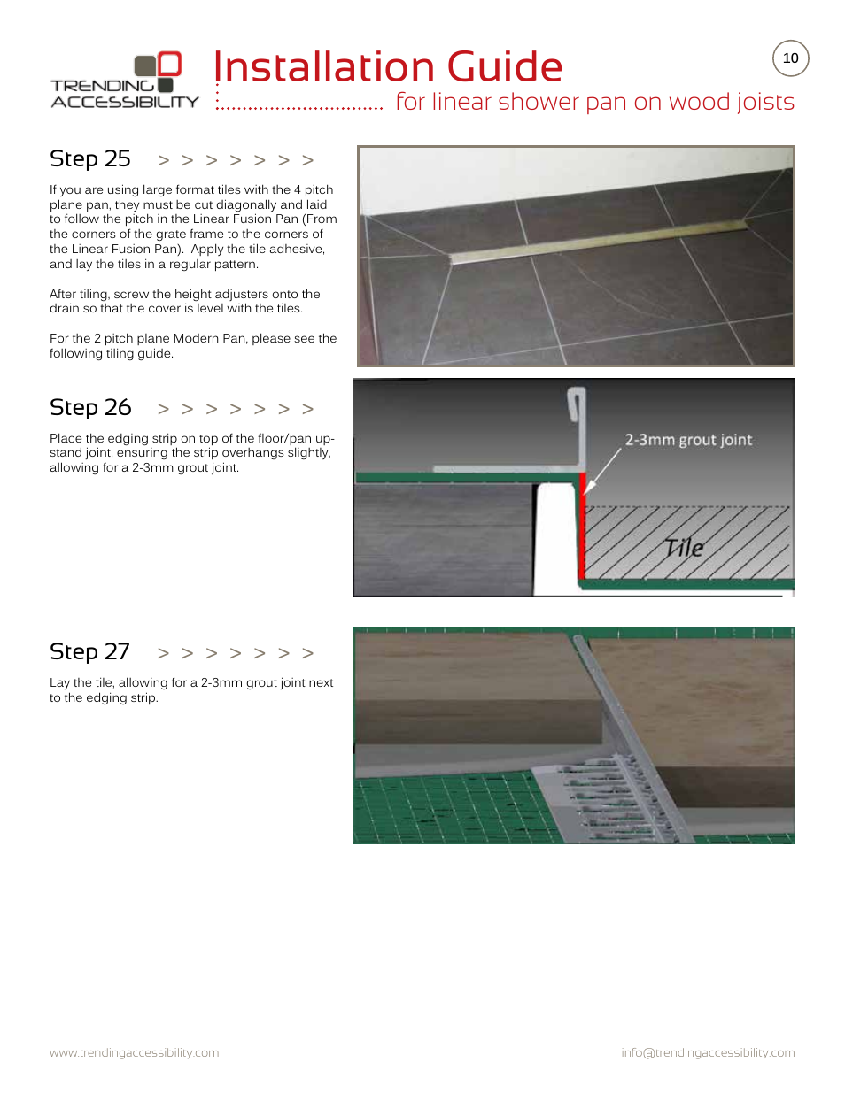 Installation guide, For linear shower pan on wood joists, Step 26 | Step 25, Step 27 | Trending Accessibility Transitional & modern linear fusion shower pan on wood joists User Manual | Page 10 / 10