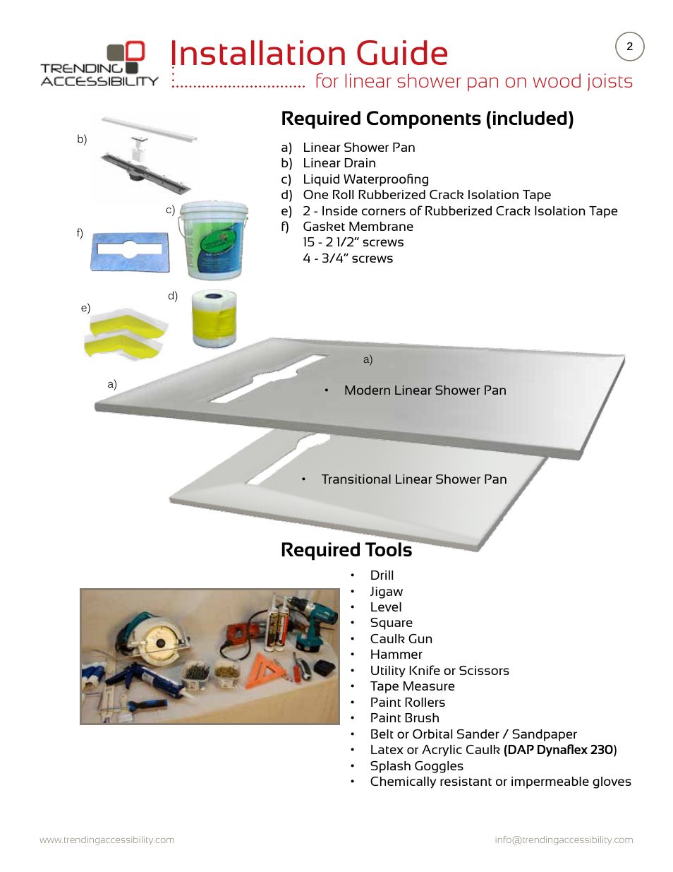 Installation guide, Required components (included) | Trending Accessibility Transitional & modern linear fusion shower pan on wood joists User Manual | Page 2 / 10