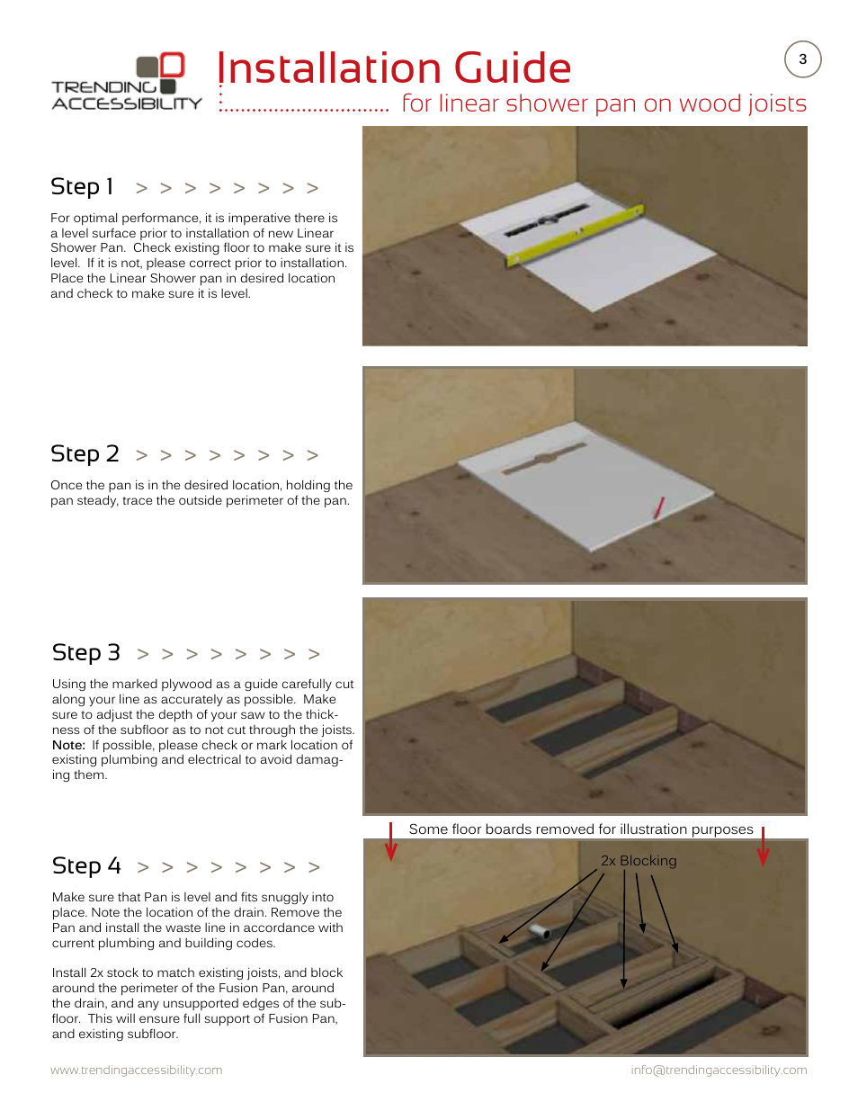 Installation guide, For linear shower pan on wood joists, Step 1 | Step 2, Step 3, Step 4 | Trending Accessibility Transitional & modern linear fusion shower pan on wood joists User Manual | Page 3 / 10