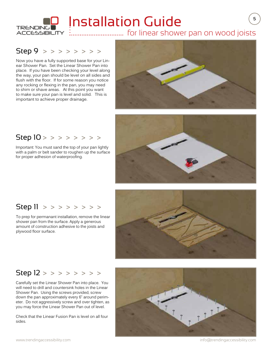 Installation guide, For linear shower pan on wood joists, Step 9 | Step 11, Step 10, Step 12 | Trending Accessibility Transitional & modern linear fusion shower pan on wood joists User Manual | Page 5 / 10