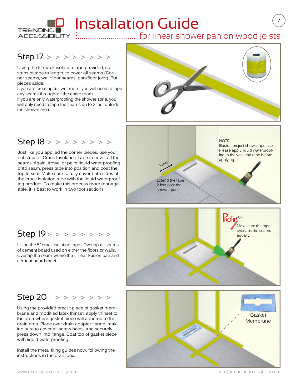 Installation guide, For linear shower pan on wood joists, Step 19 | Step 18, Step 20, Step 17 | Trending Accessibility Transitional & modern linear fusion shower pan on wood joists User Manual | Page 7 / 10