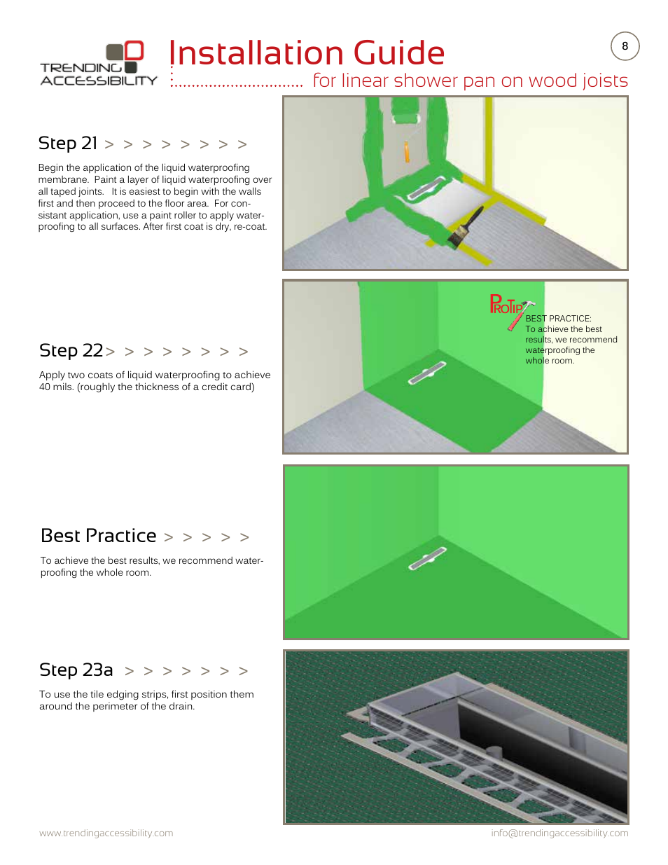 Installation guide, For linear shower pan on wood joists, Best practice | Step 22, Step 21, Step 23a | Trending Accessibility Transitional & modern linear fusion shower pan on wood joists User Manual | Page 8 / 10