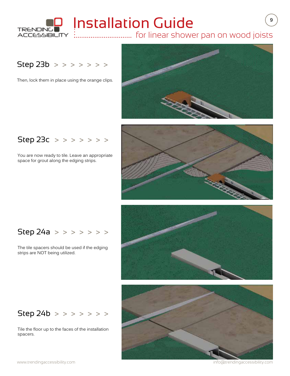 Installation guide, For linear shower pan on wood joists, Step 23b | Step 23c, Step 24a, Step 24b | Trending Accessibility Transitional & modern linear fusion shower pan on wood joists User Manual | Page 9 / 10