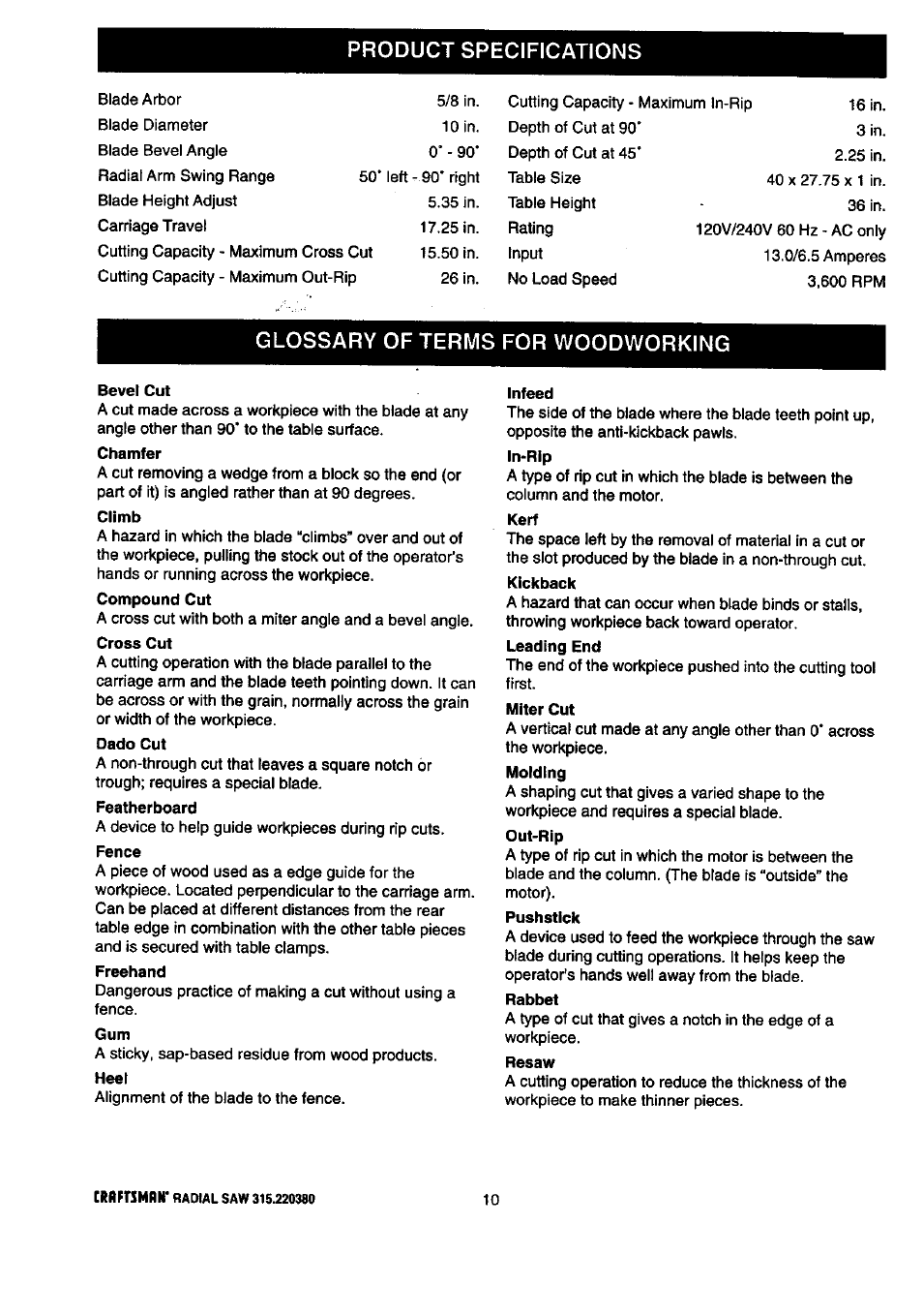 Bevel cut, Freehand, Infeed | Kerf, Pushstick, Rabbet, Resaw, Product specifications, Glossary of terms for woodworking | Craftsman 315.220380 User Manual | Page 10 / 82