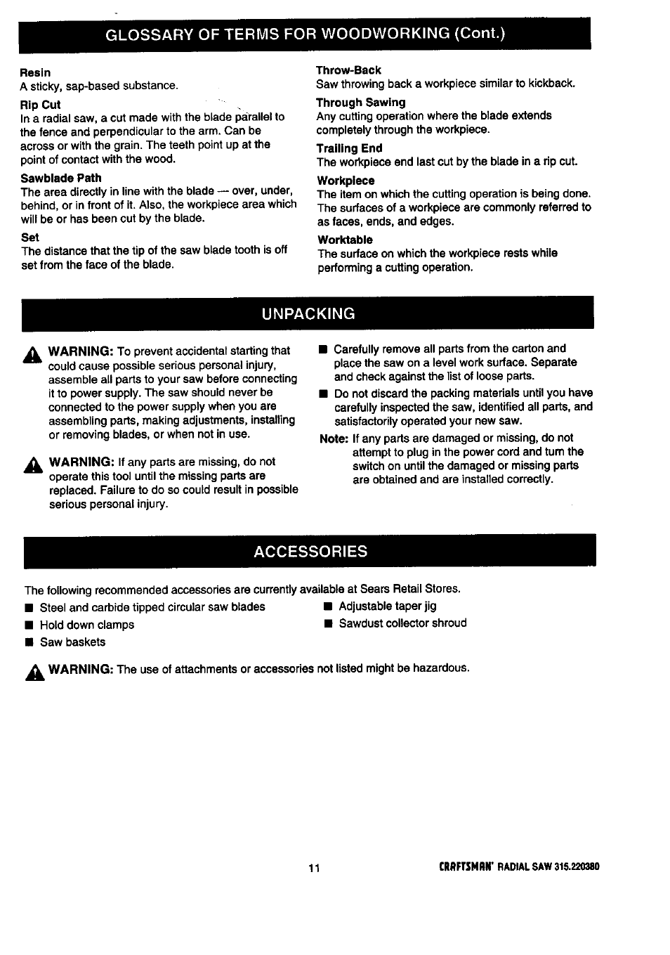 Glossary of terms for woodworking (cont.), Unpacking, Accessories | Craftsman 315.220380 User Manual | Page 11 / 82