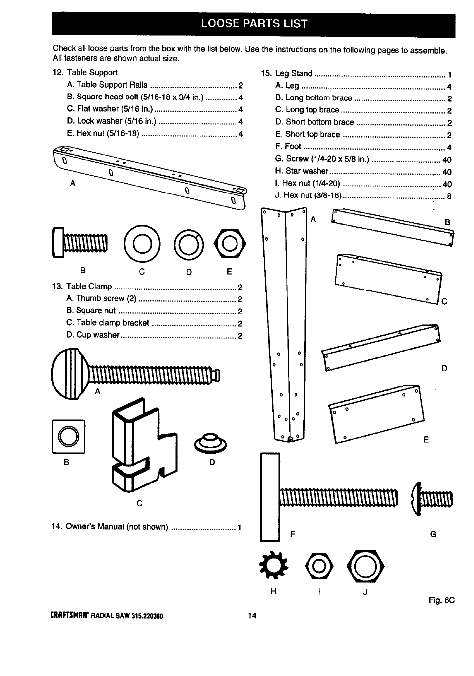 Loose parts list | Craftsman 315.220380 User Manual | Page 14 / 82