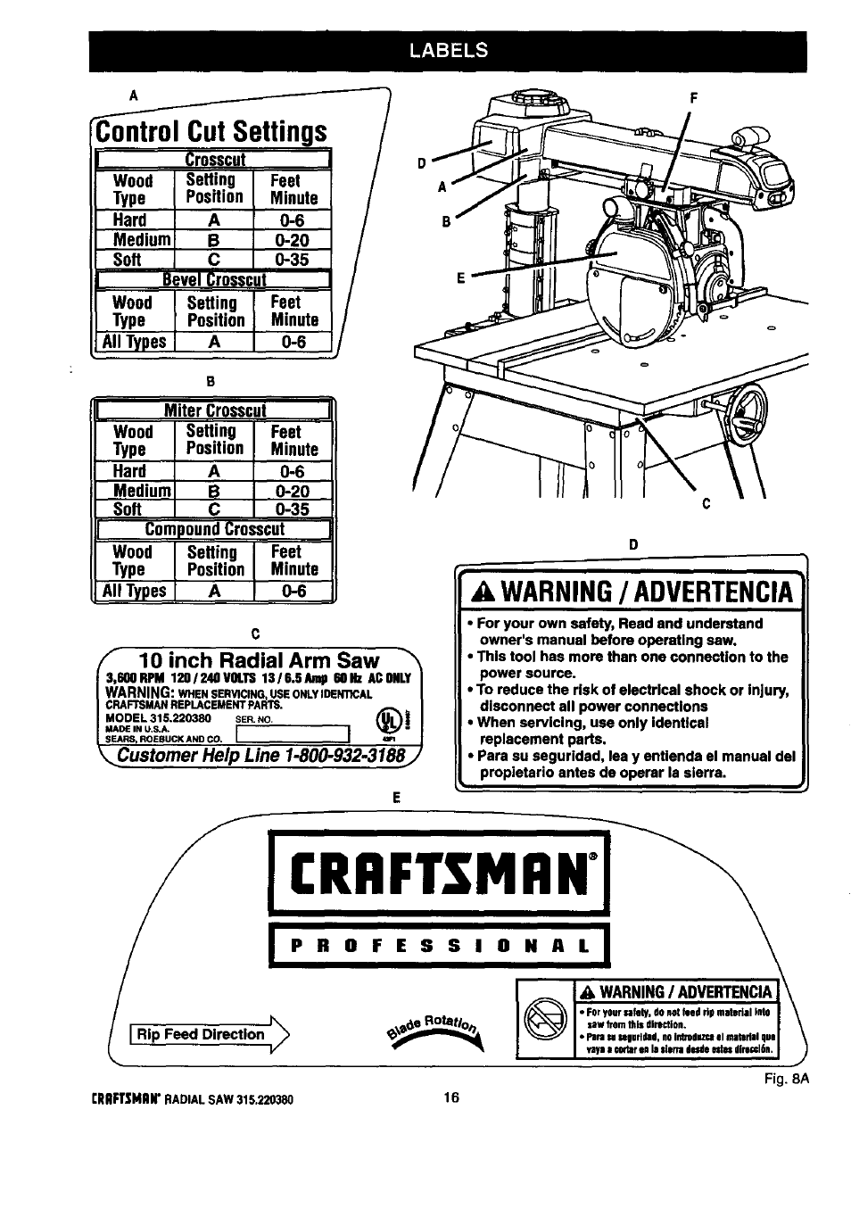 Control cut settings, A warning / advertencia, Warning / advertencia | 10 inch radial arm saw | Craftsman 315.220380 User Manual | Page 16 / 82