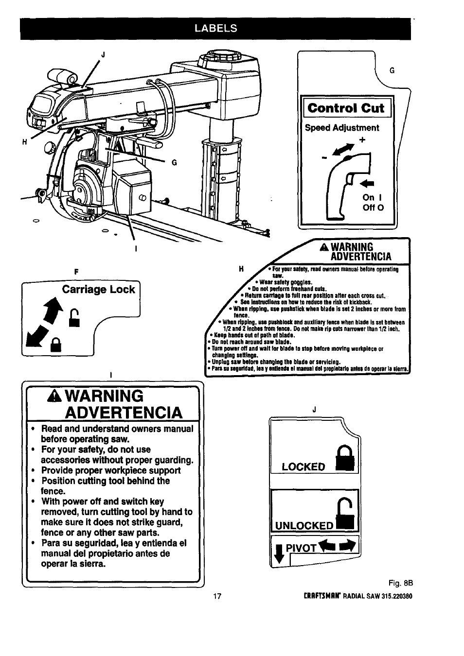 Speed adjustment, A warning advertencia, Warning advertencia | Control cut | Craftsman 315.220380 User Manual | Page 17 / 82