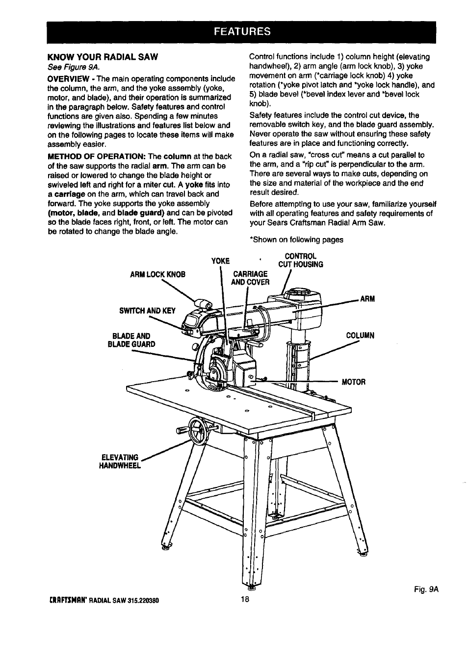 Know your radial saw, Features | Craftsman 315.220380 User Manual | Page 18 / 82