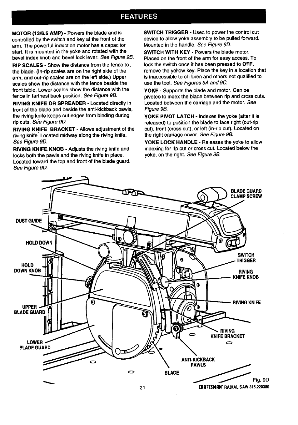 Upper blade guard, Lower blade guard, Features | Craftsman 315.220380 User Manual | Page 21 / 82