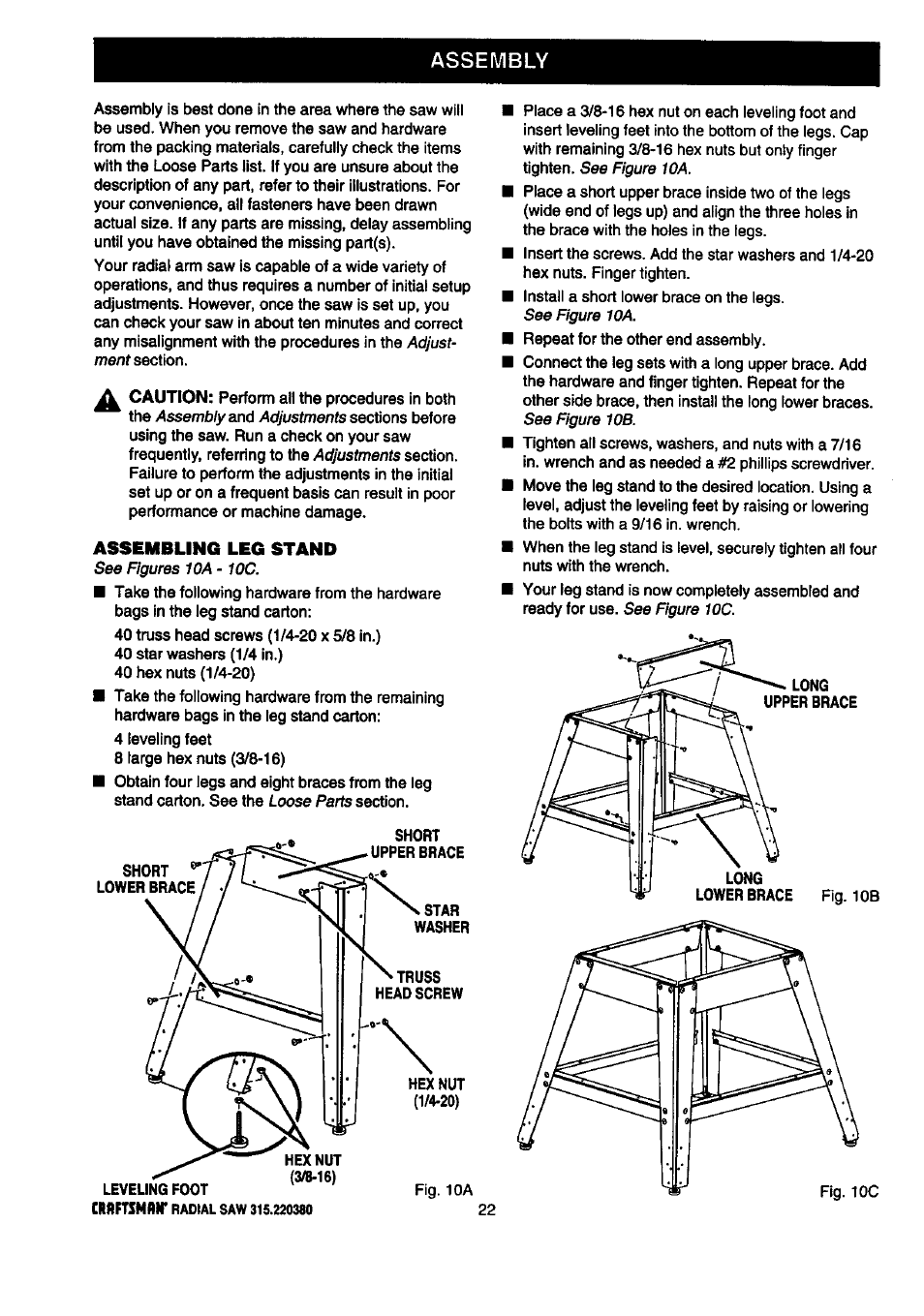 Assembly, Assembling leg stand | Craftsman 315.220380 User Manual | Page 22 / 82