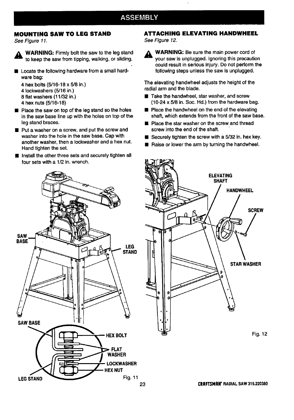 Assembly, Mounting saw to leg stand, Attaching elevating handwheel | Craftsman 315.220380 User Manual | Page 23 / 82