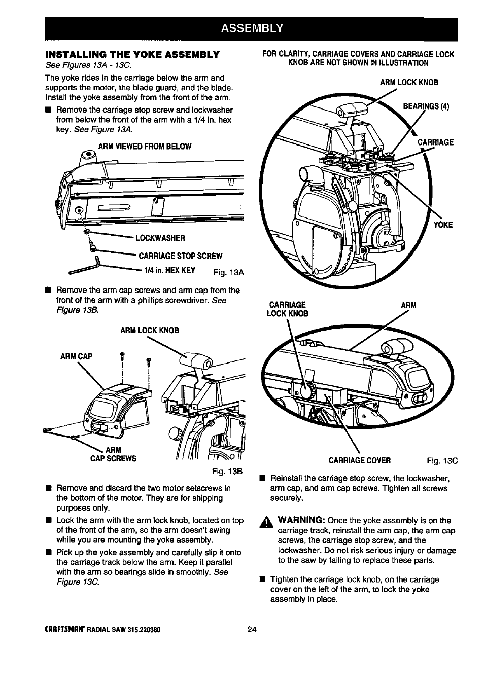 Assembly, Installing the yoke assembly | Craftsman 315.220380 User Manual | Page 24 / 82