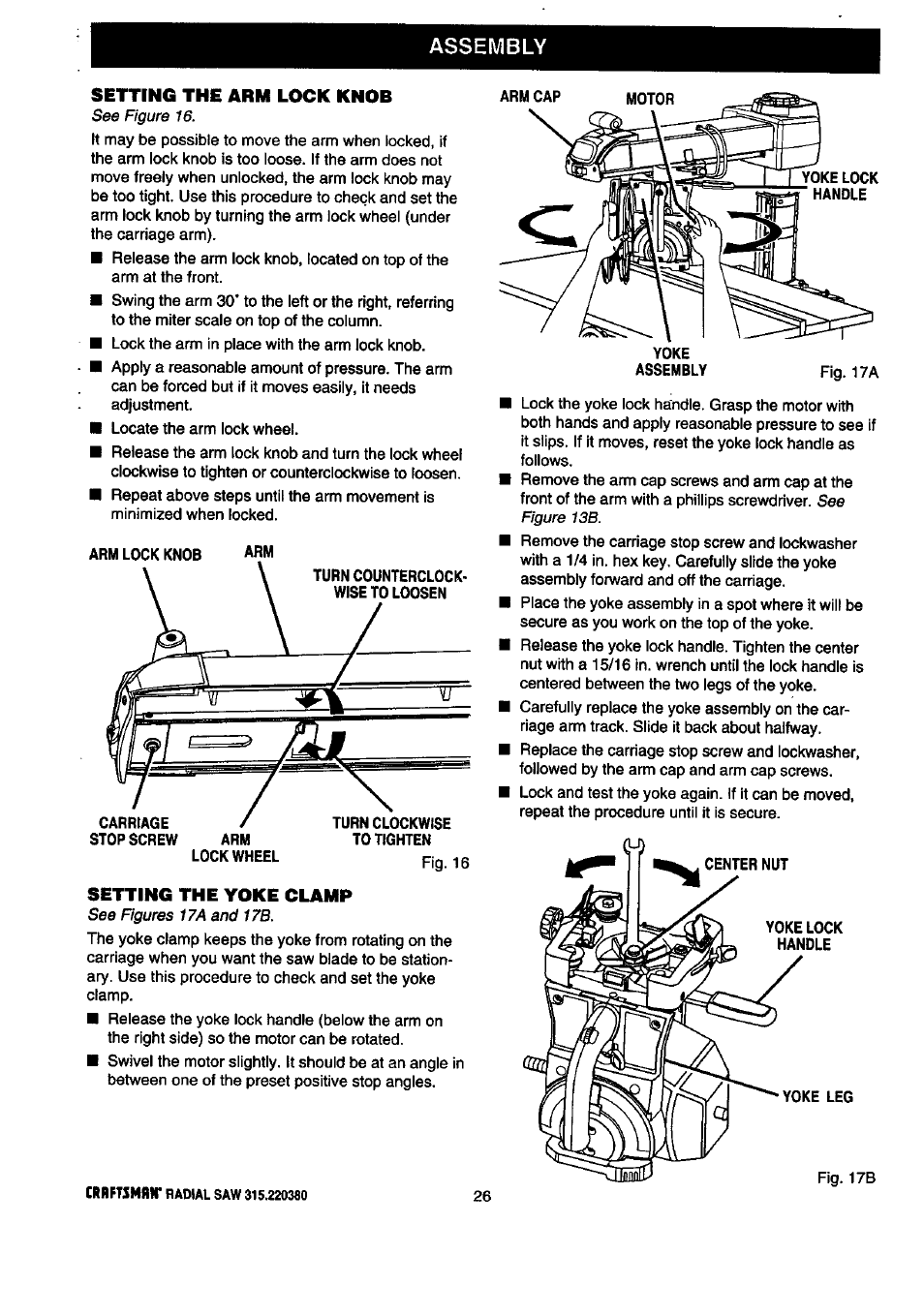 Assembly, Setting the arm lock knob, Setting the yoke clamp | Craftsman 315.220380 User Manual | Page 26 / 82