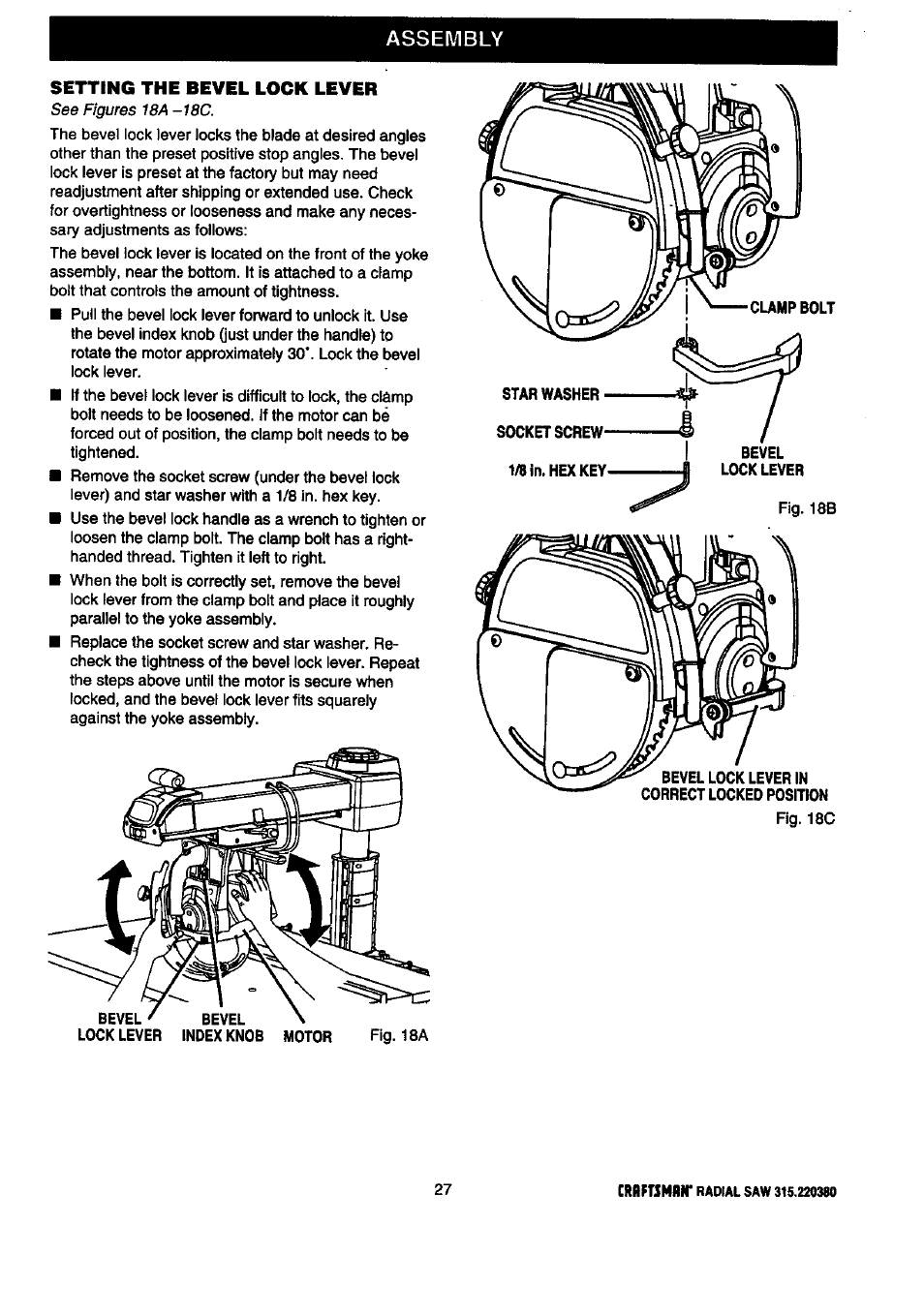 Assembly, Setting the bevel lock lever | Craftsman 315.220380 User Manual | Page 27 / 82