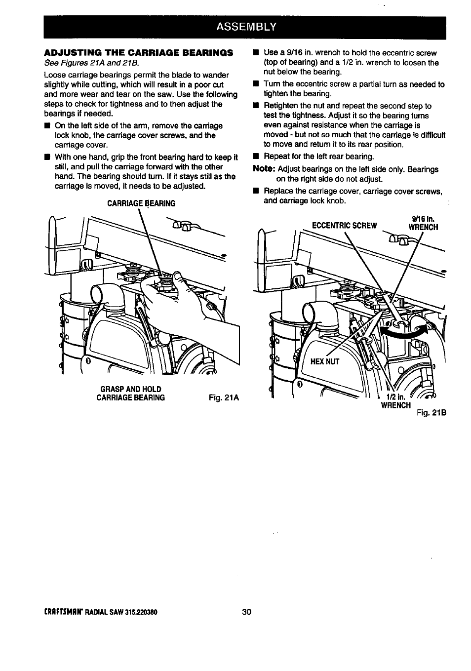 Assembly, Adjusting the carriage bearings | Craftsman 315.220380 User Manual | Page 30 / 82