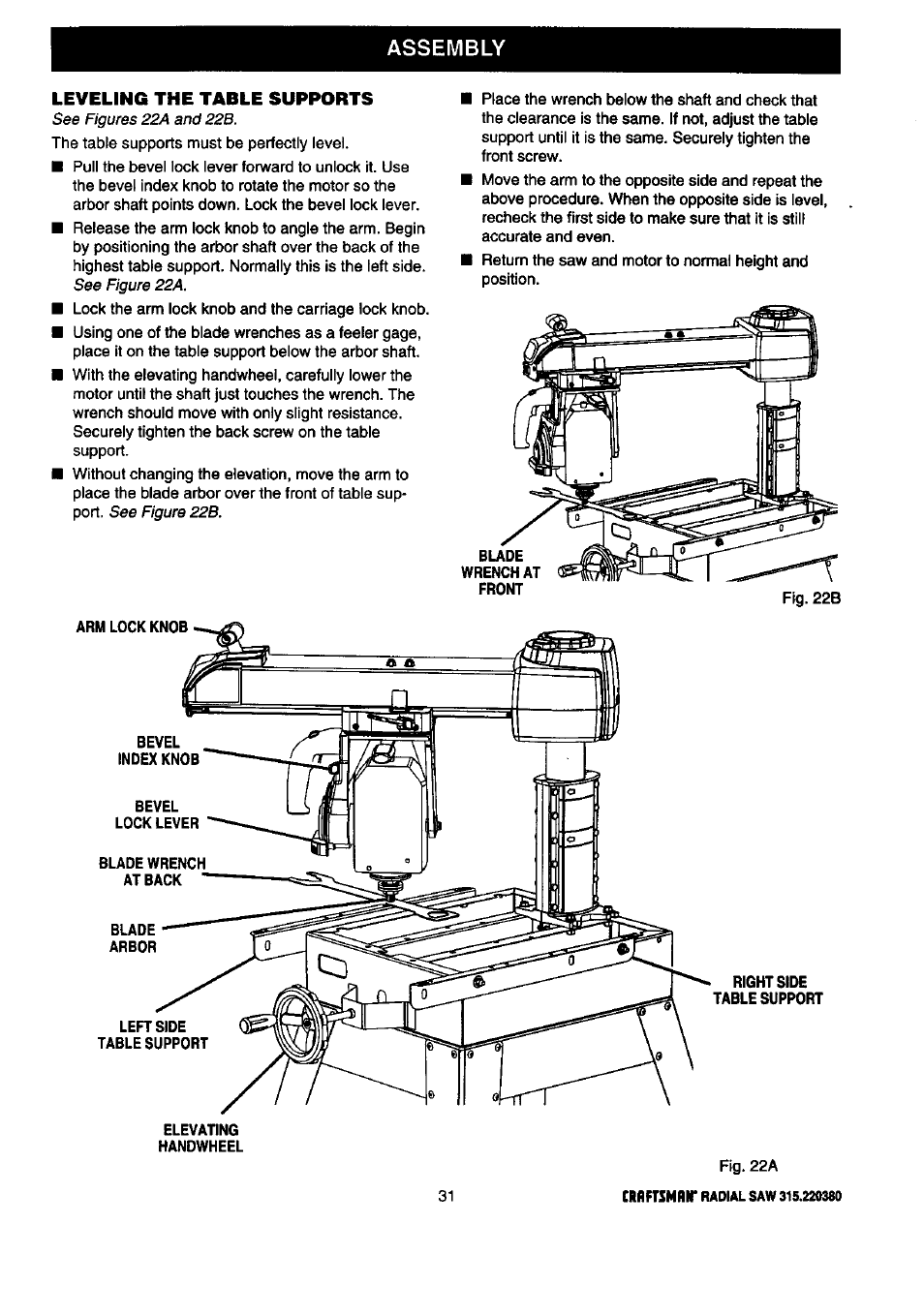 Assembly, Leveling the table supports | Craftsman 315.220380 User Manual | Page 31 / 82