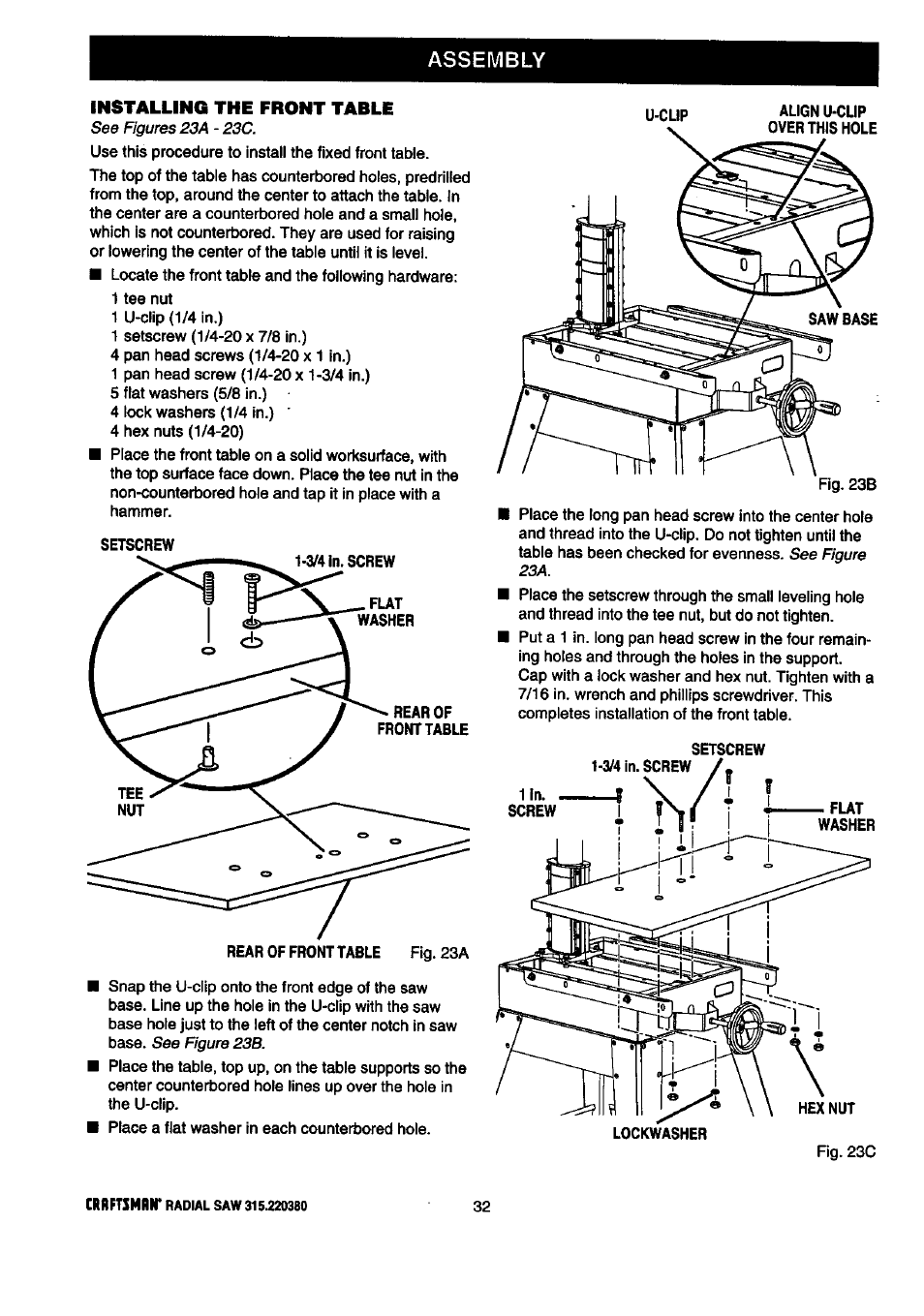 Assembly, Installing the front table | Craftsman 315.220380 User Manual | Page 32 / 82