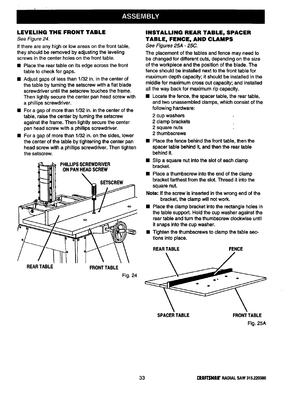 Assembly, Leveling the front table | Craftsman 315.220380 User Manual | Page 33 / 82