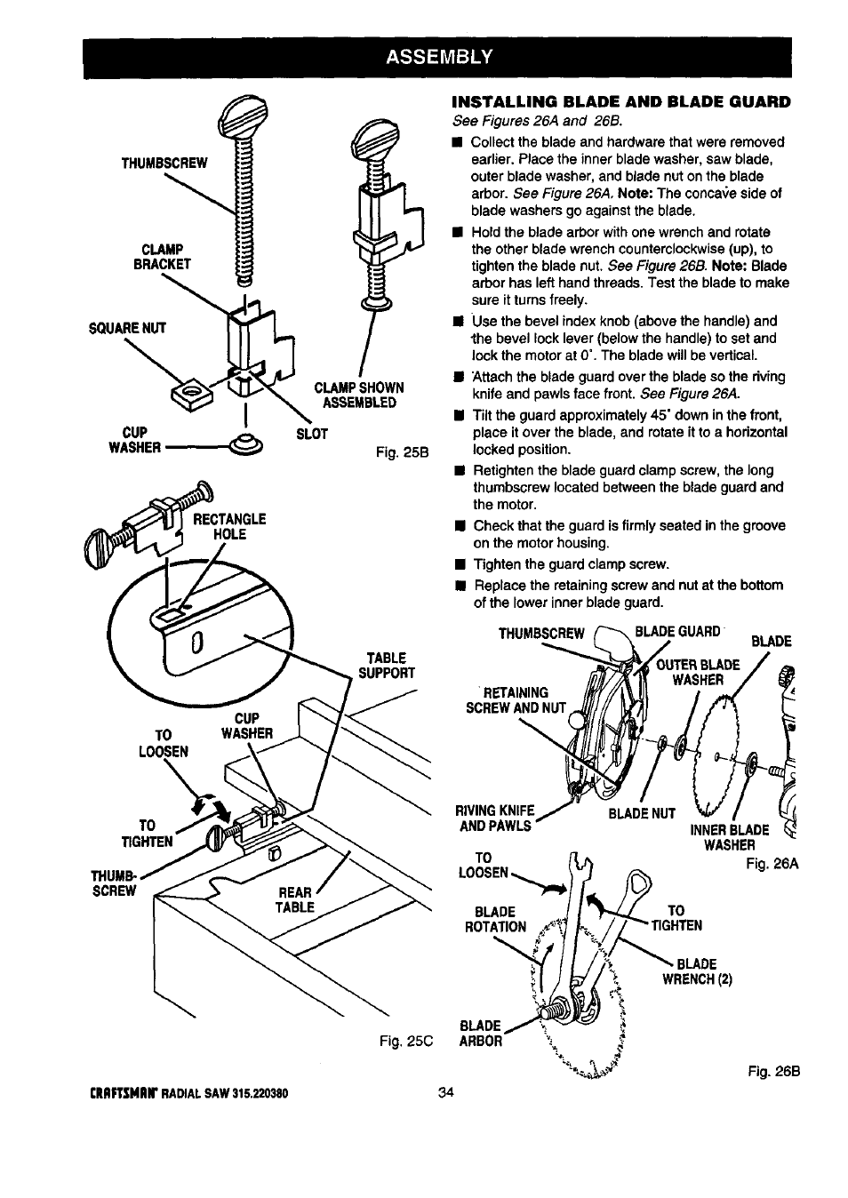 Assembly, Installing blade and blade guard | Craftsman 315.220380 User Manual | Page 34 / 82