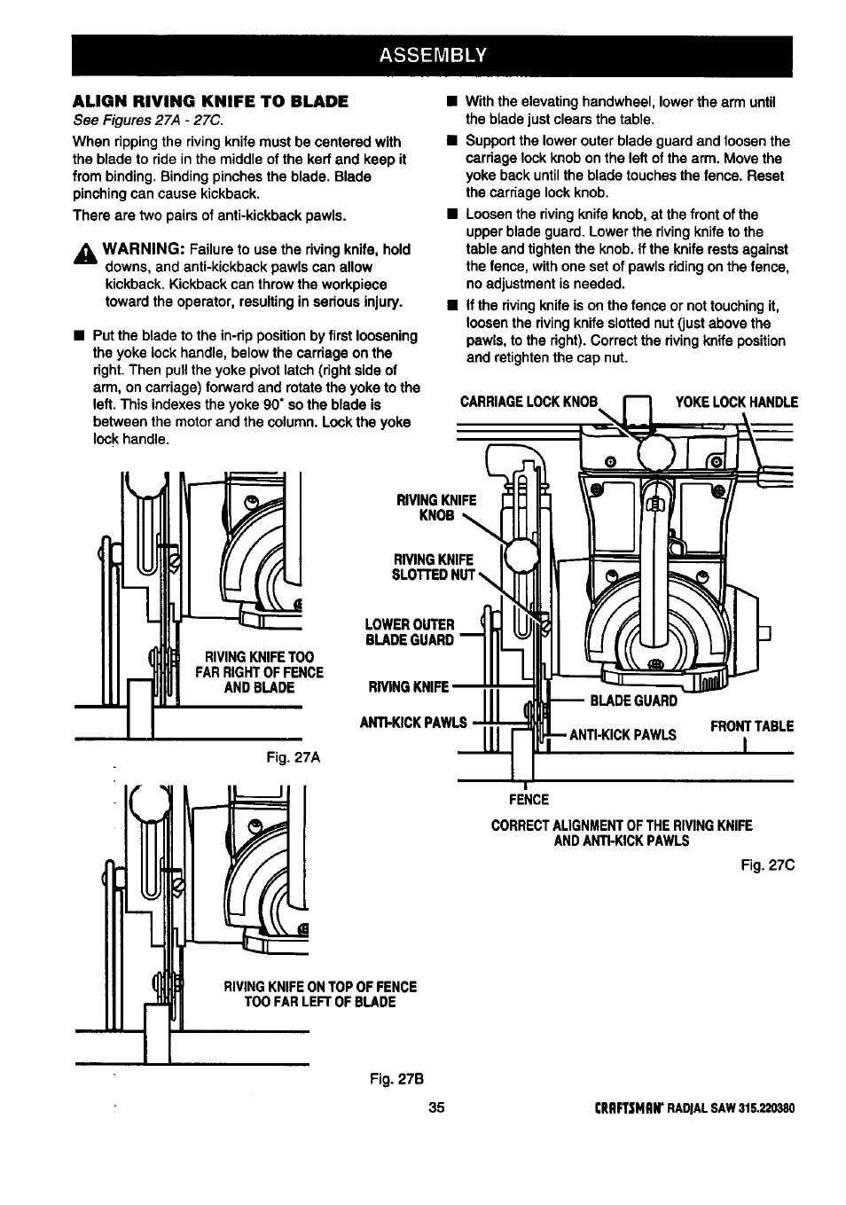 Assembly, Align riving knife to blade | Craftsman 315.220380 User Manual | Page 35 / 82