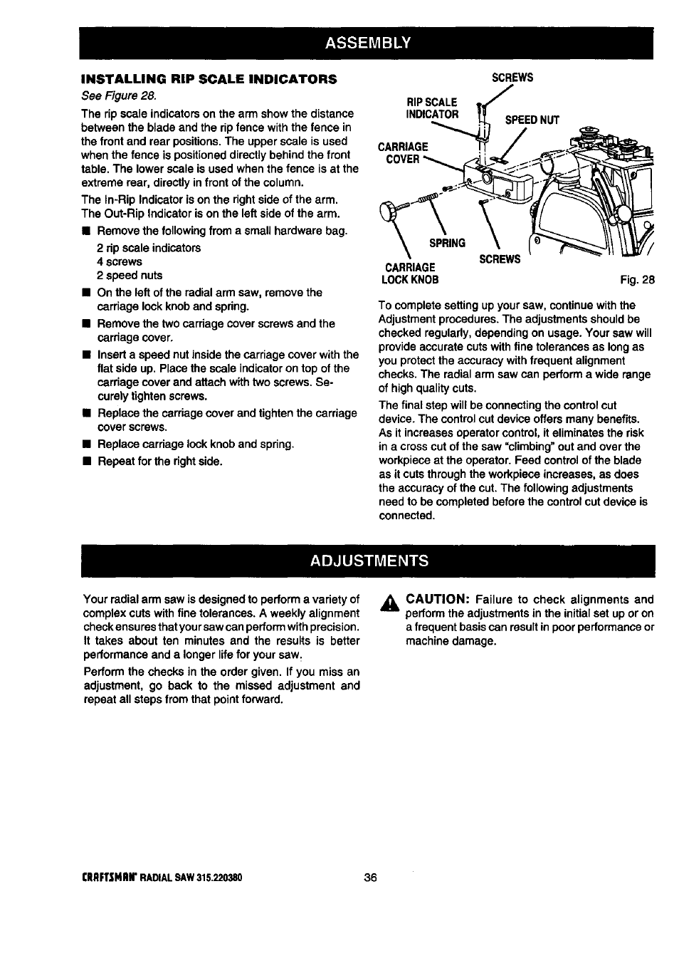 Assembly, Adjustments, Installing rip scale indicators | Craftsman 315.220380 User Manual | Page 36 / 82