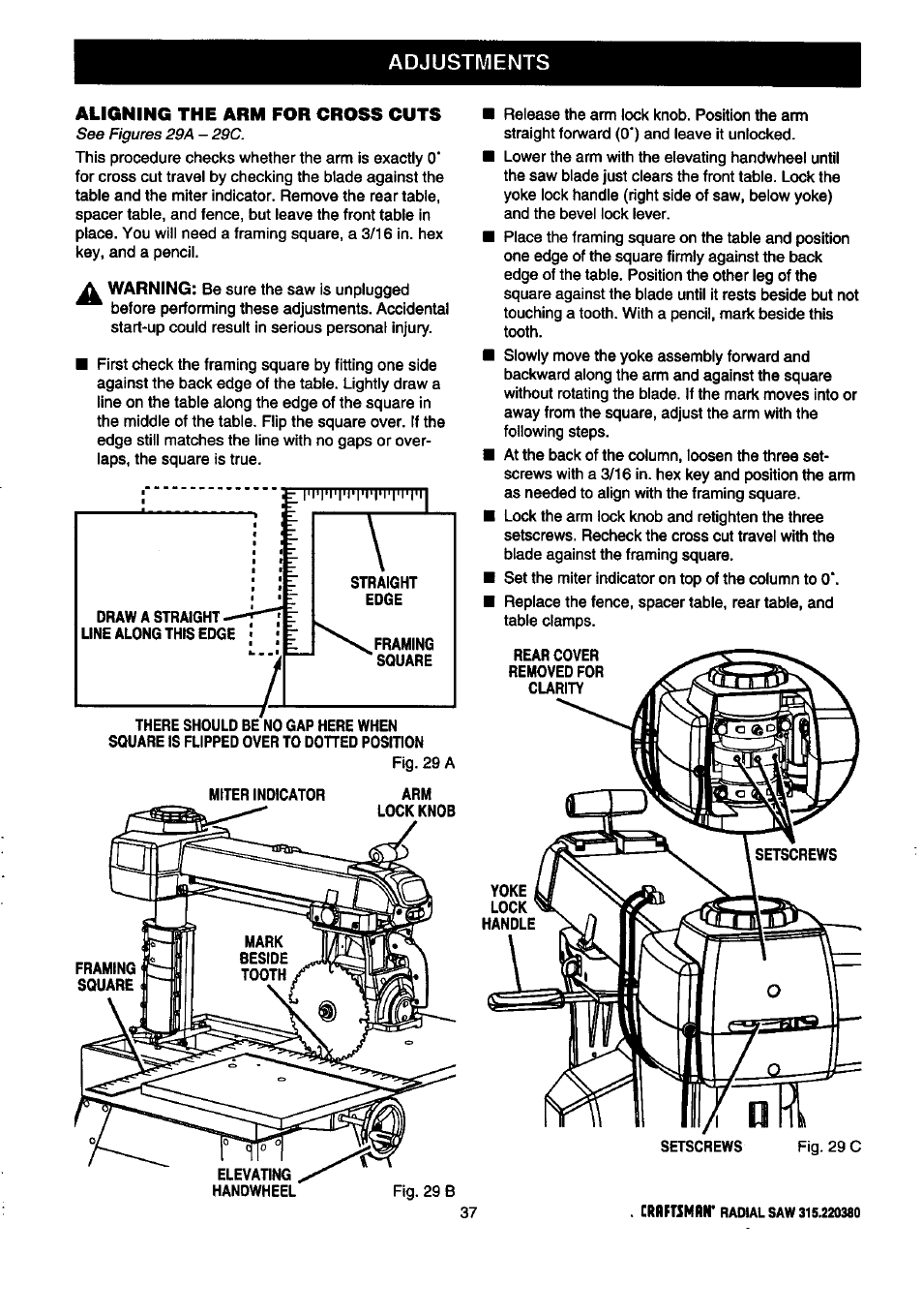 Adjustments, Aligning the arm for cross cuts | Craftsman 315.220380 User Manual | Page 37 / 82