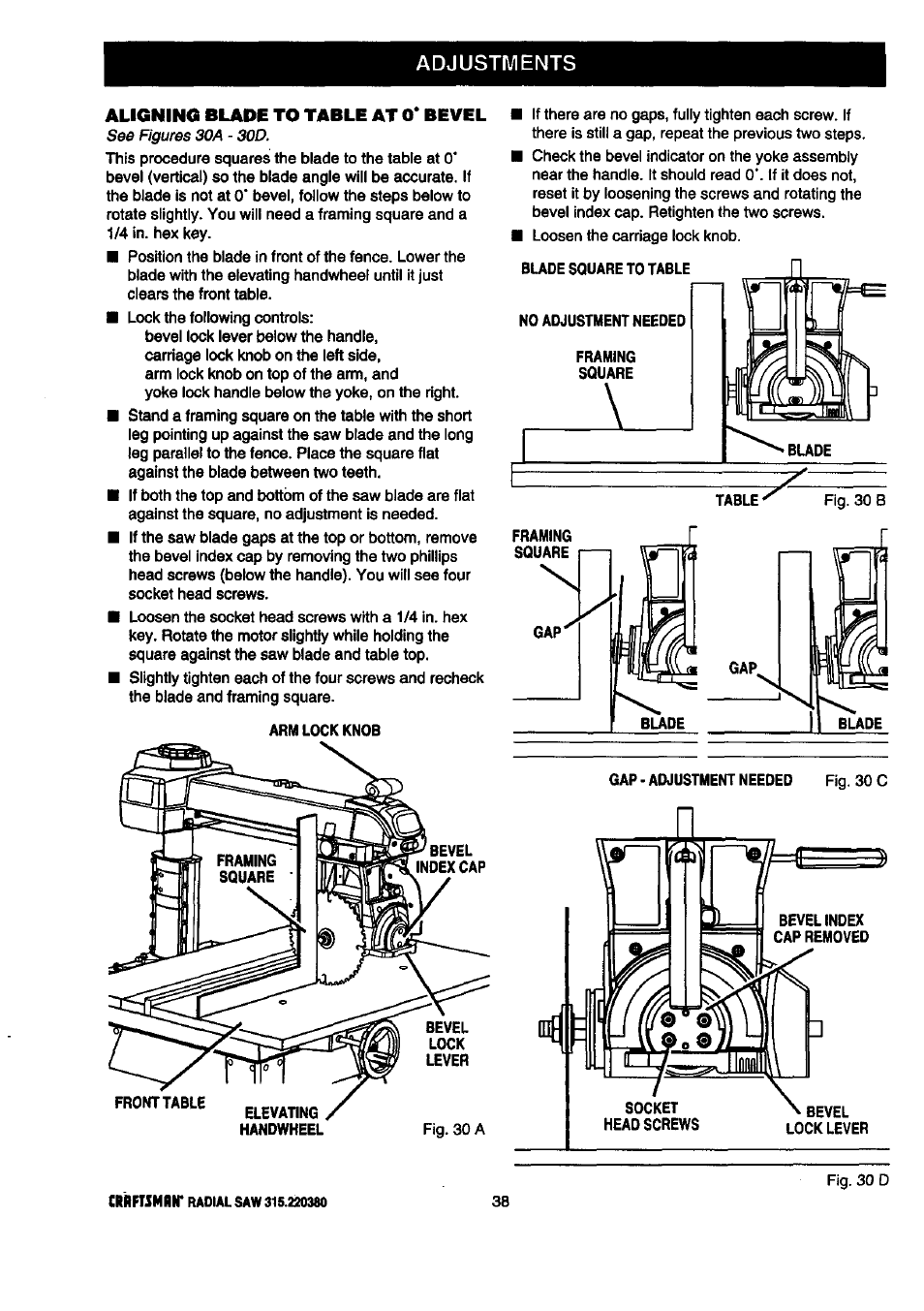 Adjustments, Aligning blade to table at 0* bevel | Craftsman 315.220380 User Manual | Page 38 / 82