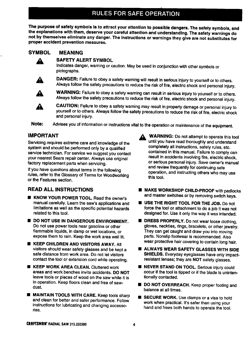 Symbol meaning, Important, Read all instructions | Rules for safe operation | Craftsman 315.220380 User Manual | Page 4 / 82