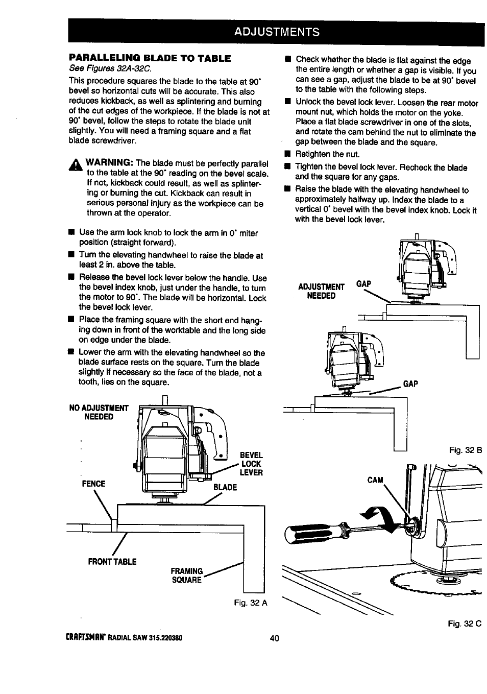 Adjustments, Paralleling blade to table | Craftsman 315.220380 User Manual | Page 40 / 82