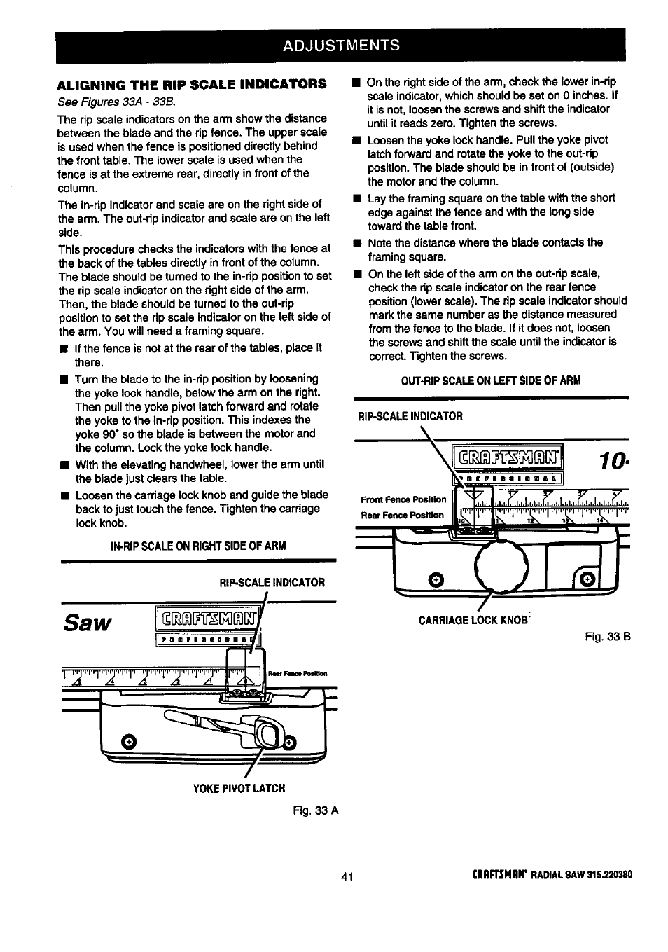 Adjustments, Aligning the rip scale indicators | Craftsman 315.220380 User Manual | Page 41 / 82