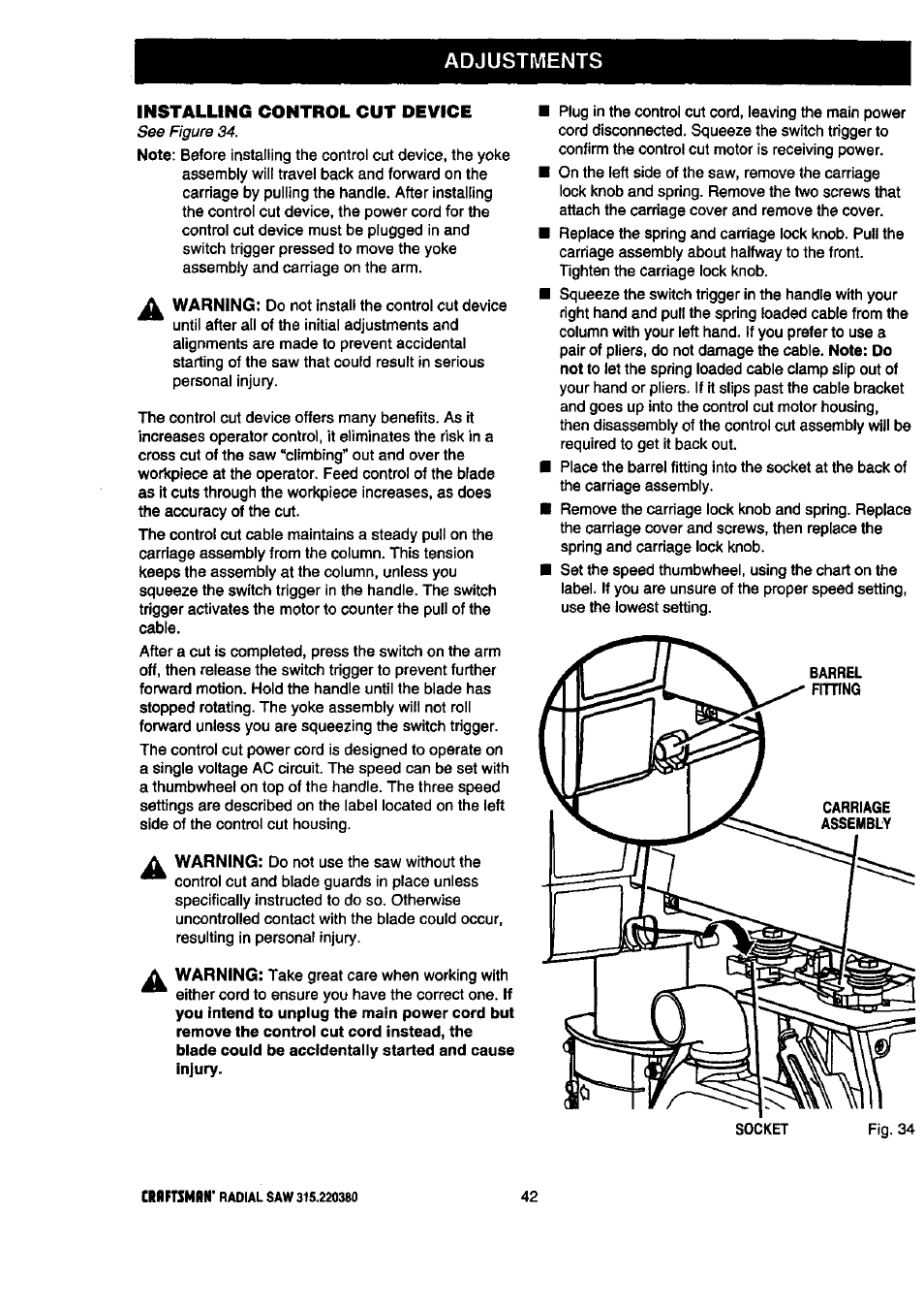 Adjustments, Installing control cut device | Craftsman 315.220380 User Manual | Page 42 / 82