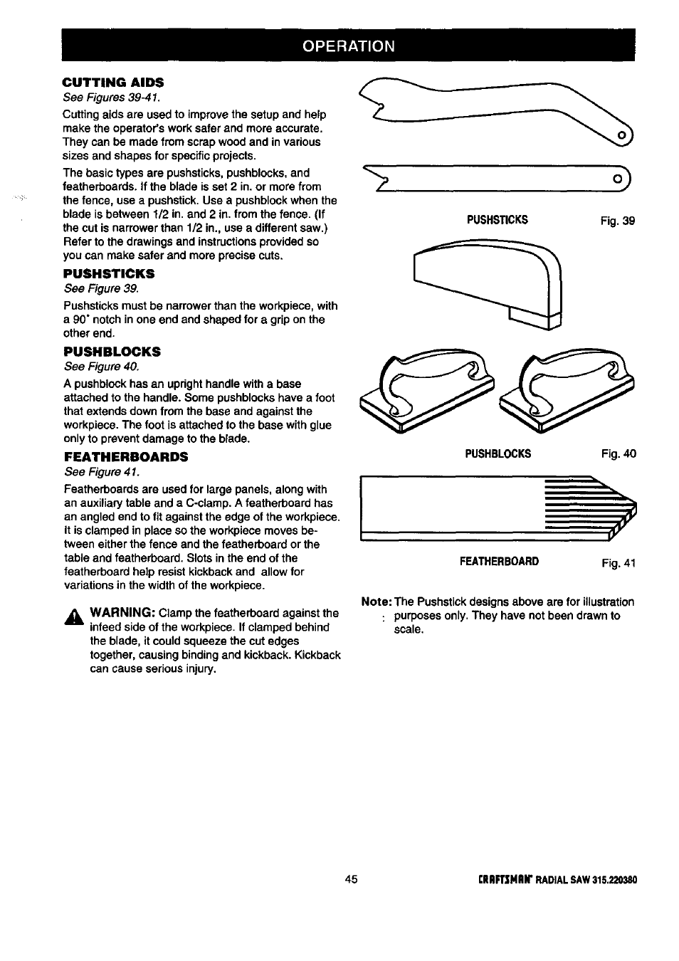 Operation, Pushsticks, Pushblocks | Featherboards, Cutting aids | Craftsman 315.220380 User Manual | Page 45 / 82