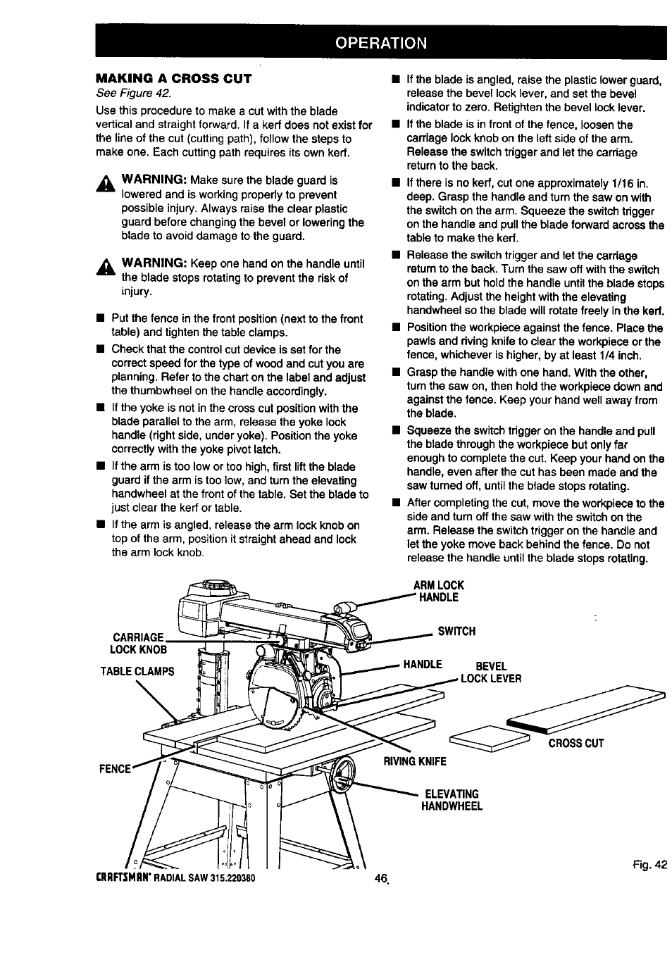 Operation, Making a cross cut | Craftsman 315.220380 User Manual | Page 46 / 82