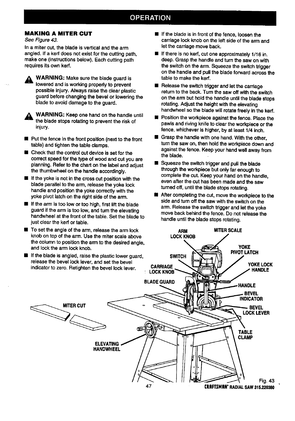 Handle, Bevel indicator, Bevel lock lever | Operation, Making a miter cut | Craftsman 315.220380 User Manual | Page 47 / 82