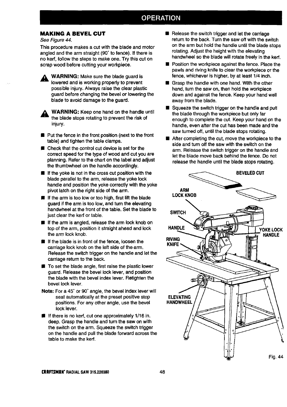 Operation, Making a bevel cut | Craftsman 315.220380 User Manual | Page 48 / 82