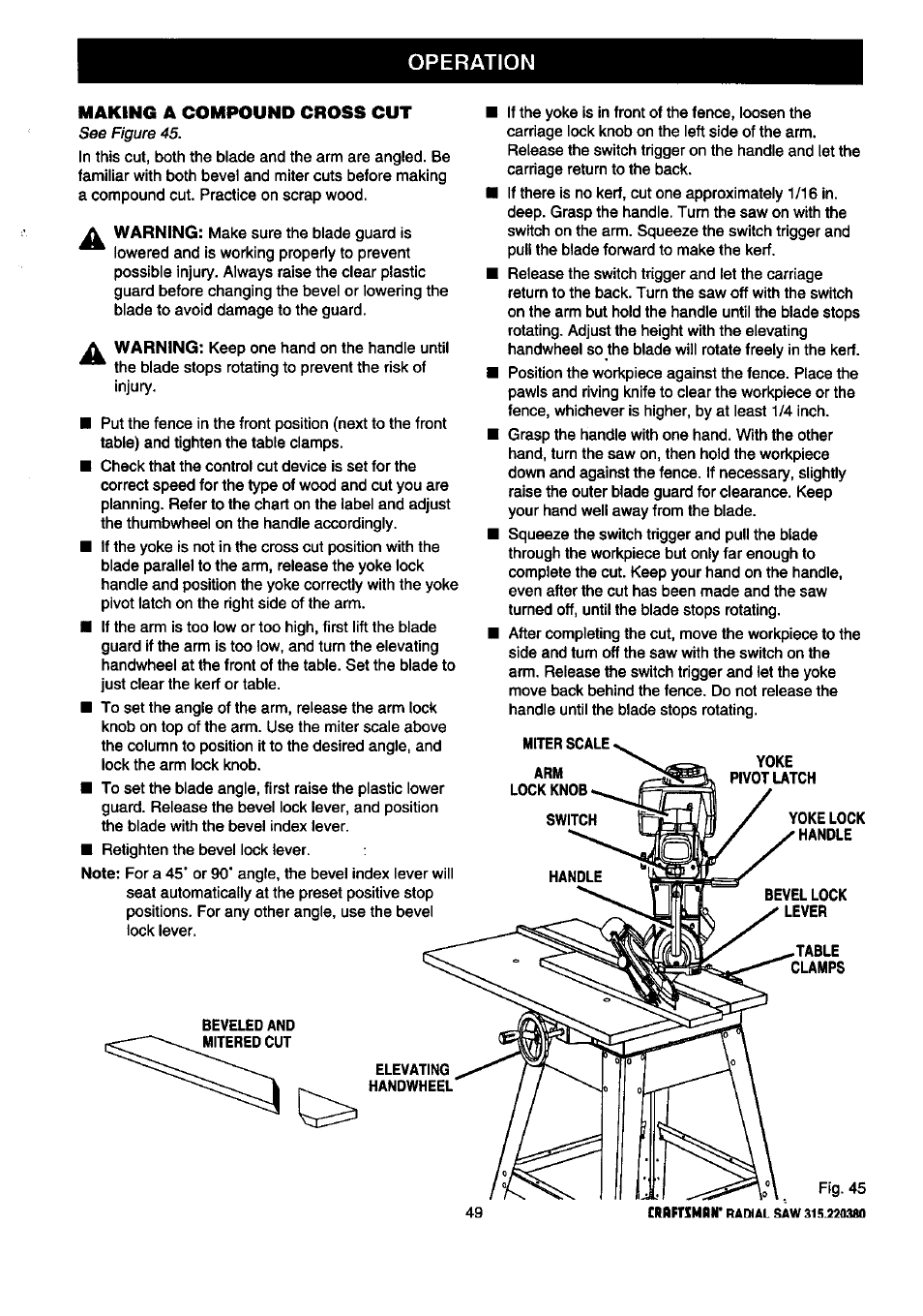 Bevel lock lever, Table clamps, Operation | Making a compound cross cut | Craftsman 315.220380 User Manual | Page 49 / 82