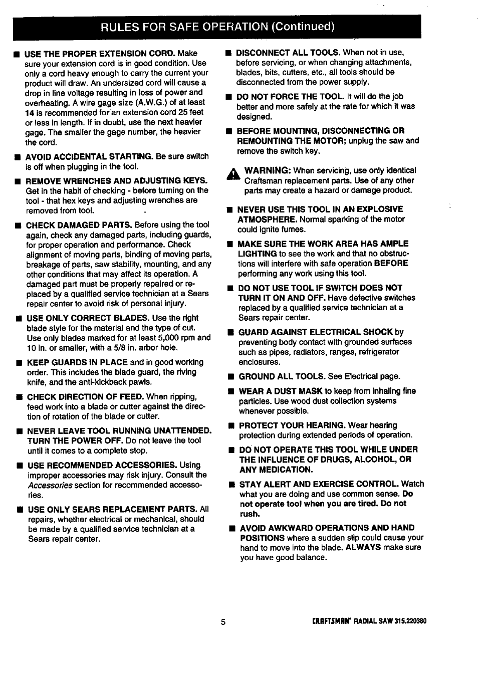 Rules for safe operation (continued) | Craftsman 315.220380 User Manual | Page 5 / 82