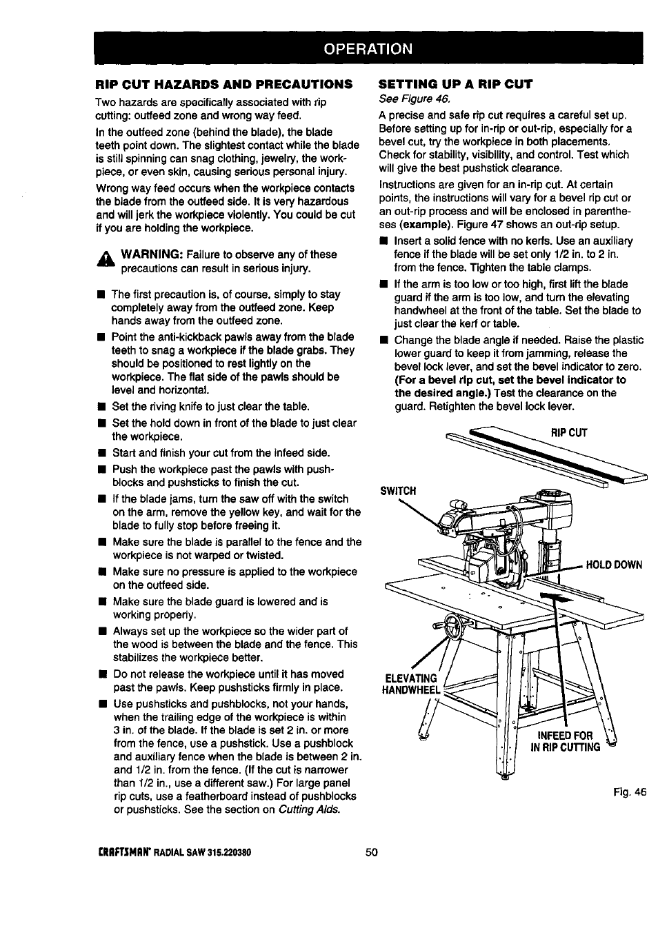 Operation, Rip cut hazards and precautions, Setting up a rip cut | Craftsman 315.220380 User Manual | Page 50 / 82