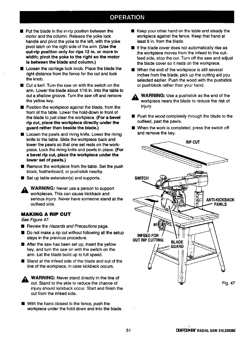 Operation, Making a rip cut | Craftsman 315.220380 User Manual | Page 51 / 82