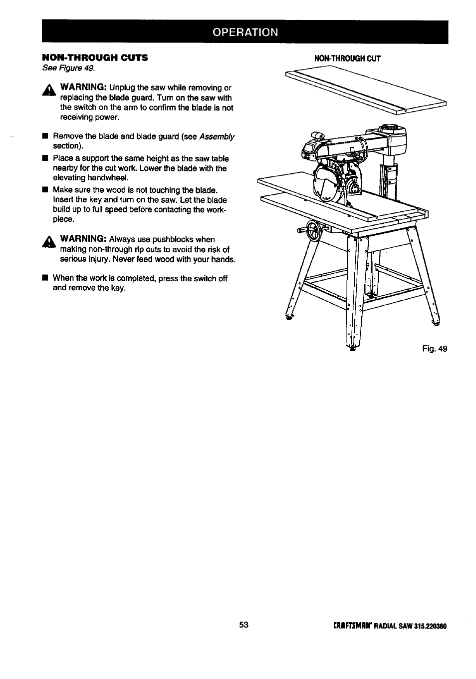 Operation, Non-through cuts | Craftsman 315.220380 User Manual | Page 53 / 82