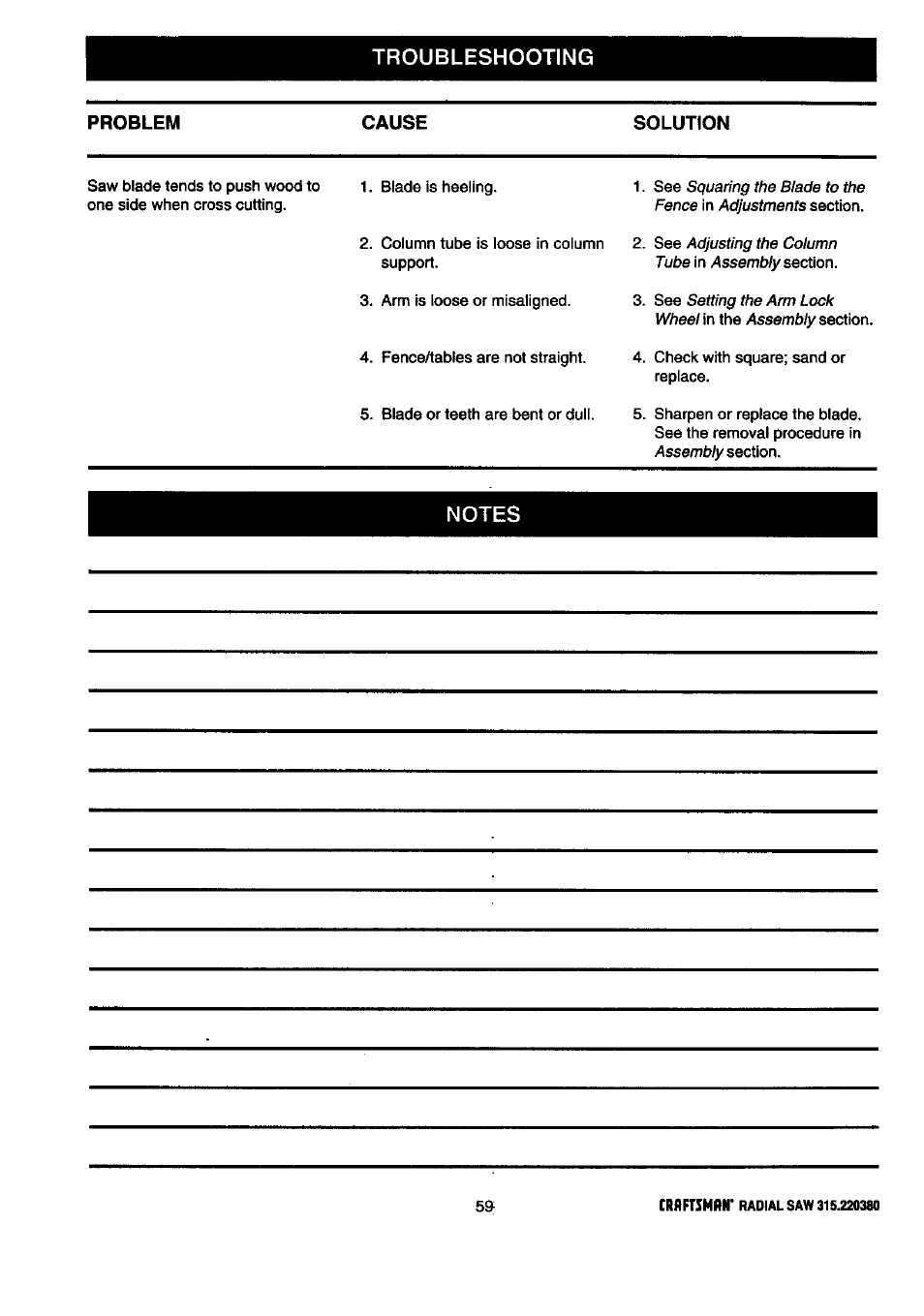 Troubleshooting, Problem cause solution | Craftsman 315.220380 User Manual | Page 59 / 82