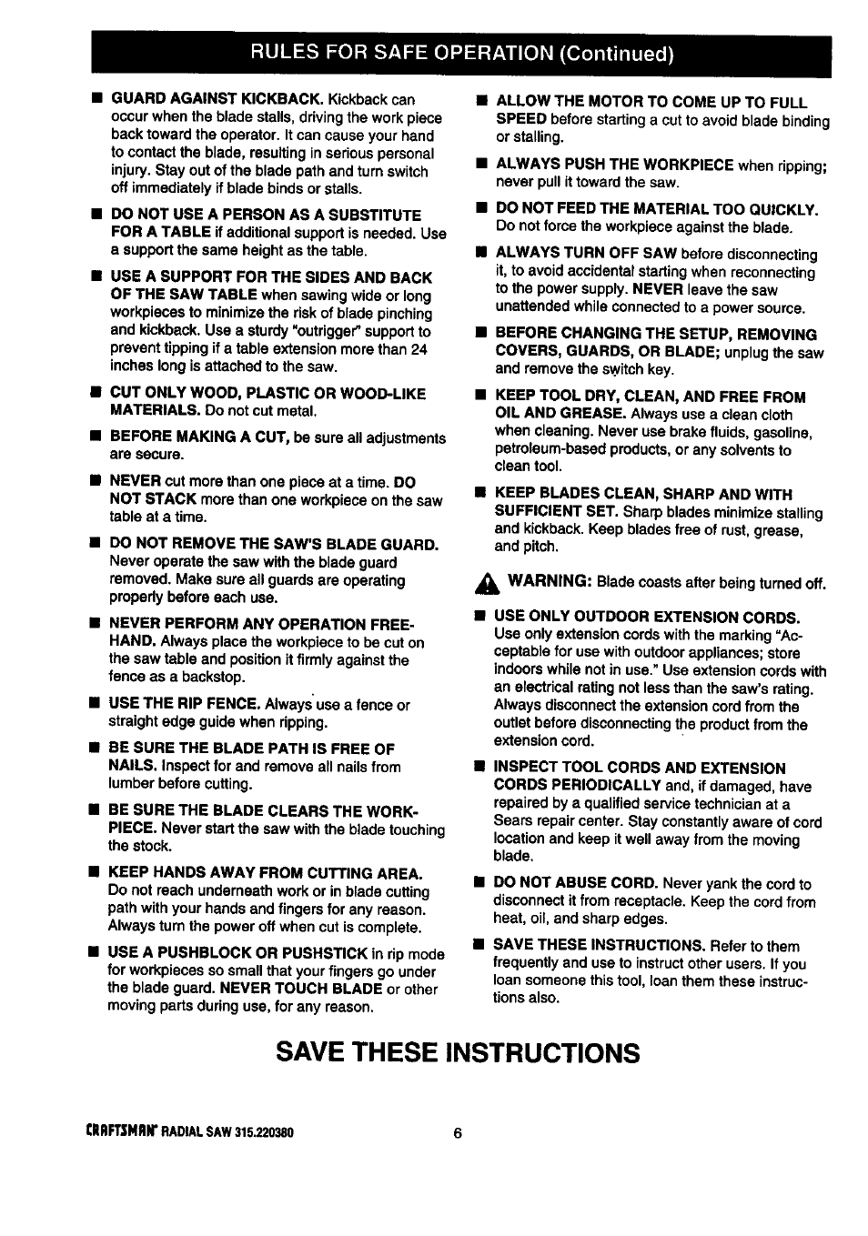 Save these instructions, Rules for safe operation (continued) | Craftsman 315.220380 User Manual | Page 6 / 82