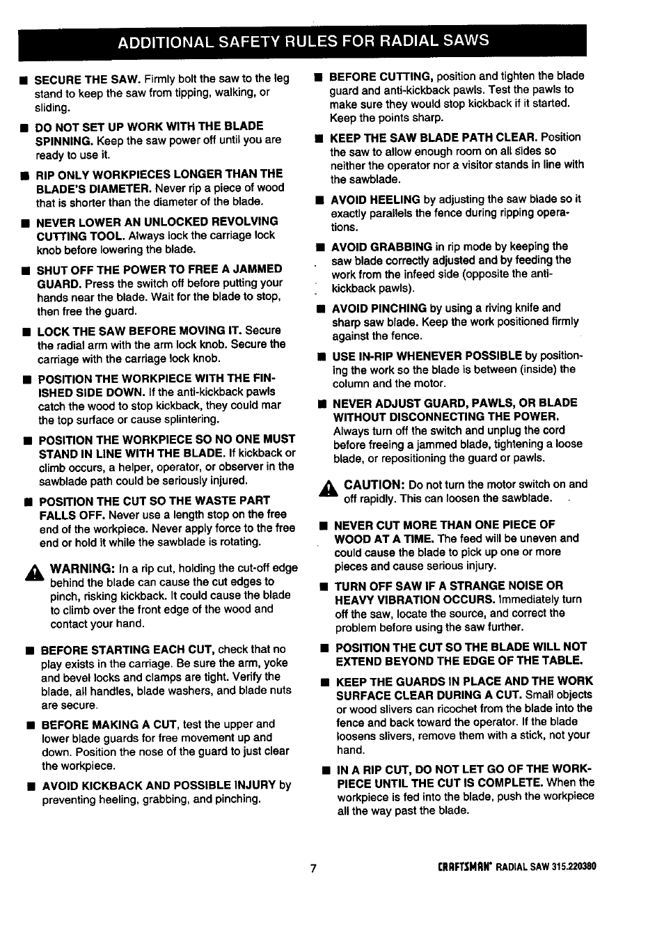 Additional safety rules for radial saws | Craftsman 315.220380 User Manual | Page 7 / 82