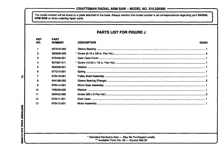 Parts list for figure j | Craftsman 315.220380 User Manual | Page 79 / 82