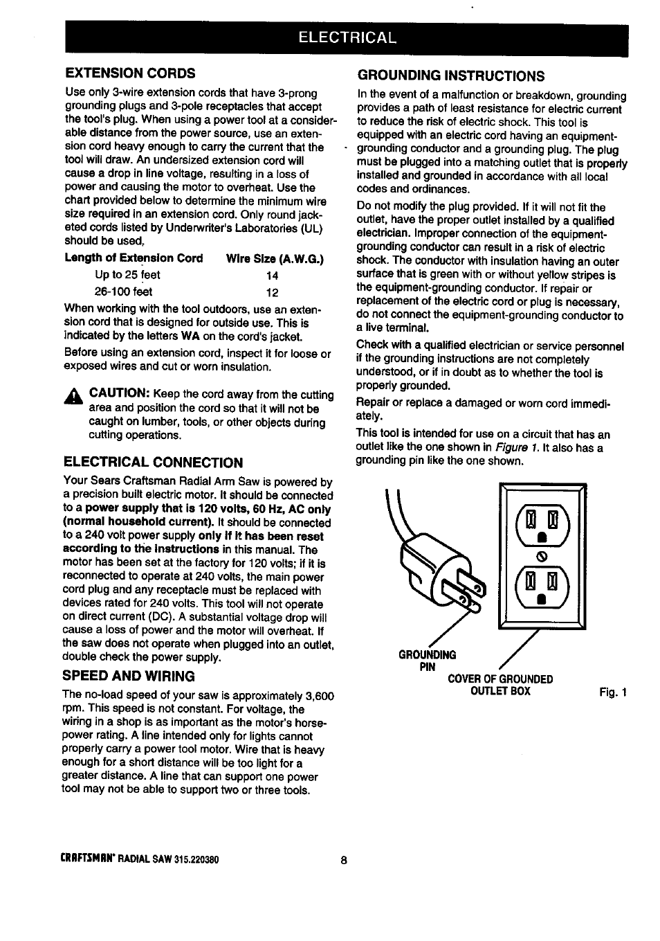 Extension cords, Electrical connection, Speed and wiring | Grounding instructions, Electrical | Craftsman 315.220380 User Manual | Page 8 / 82