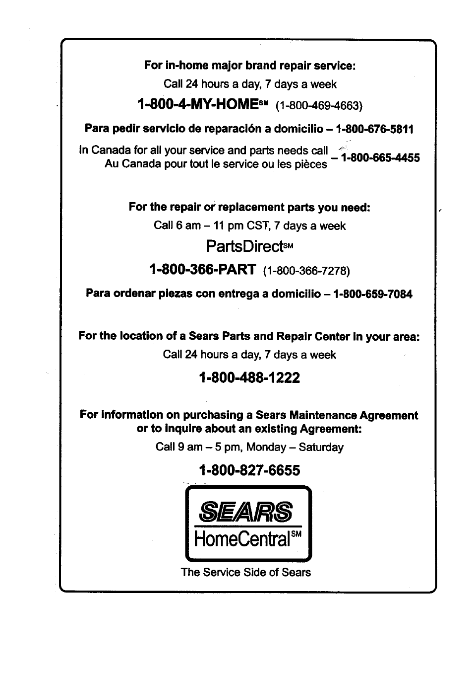 800-4-my-homes“ (1-800-469-4663), Partsdirects, 800-4-my-homes | Craftsman 315.220380 User Manual | Page 82 / 82