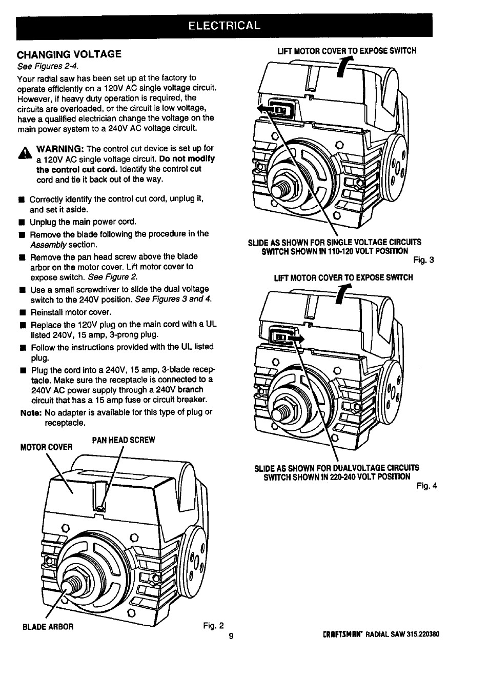 Changing voltage, Electrical | Craftsman 315.220380 User Manual | Page 9 / 82