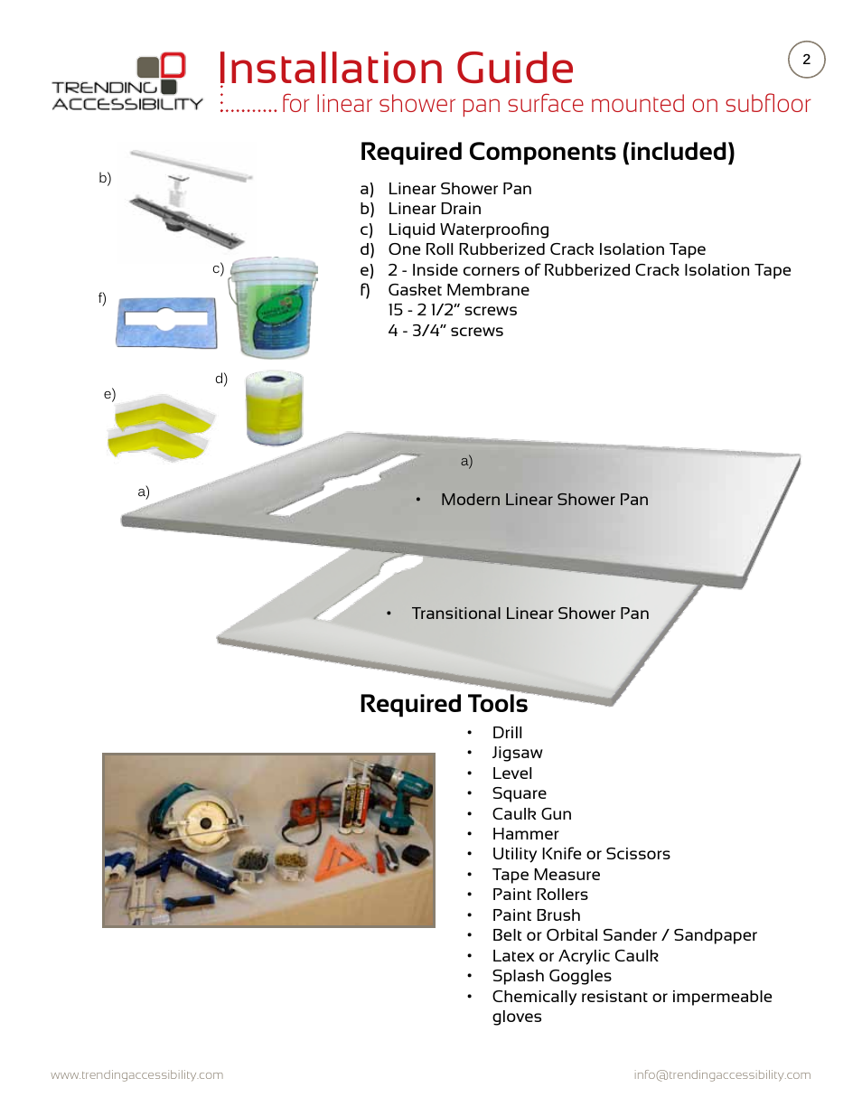 Installation guide, Required components (included) | Trending Accessibility Transitional & modern linear fusion shower pan surface mounted on subfloor User Manual | Page 2 / 8